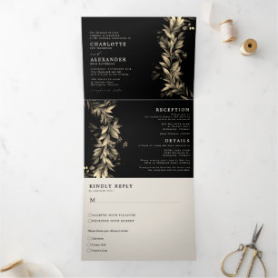 Moody Greenery Black Beige  All in one Wedding Tri-Fold Invitation
