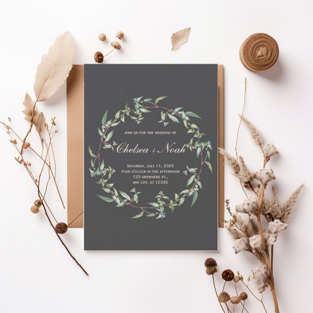 Moody Greenery Wreath Wedding Invitation (Creator Uploaded)