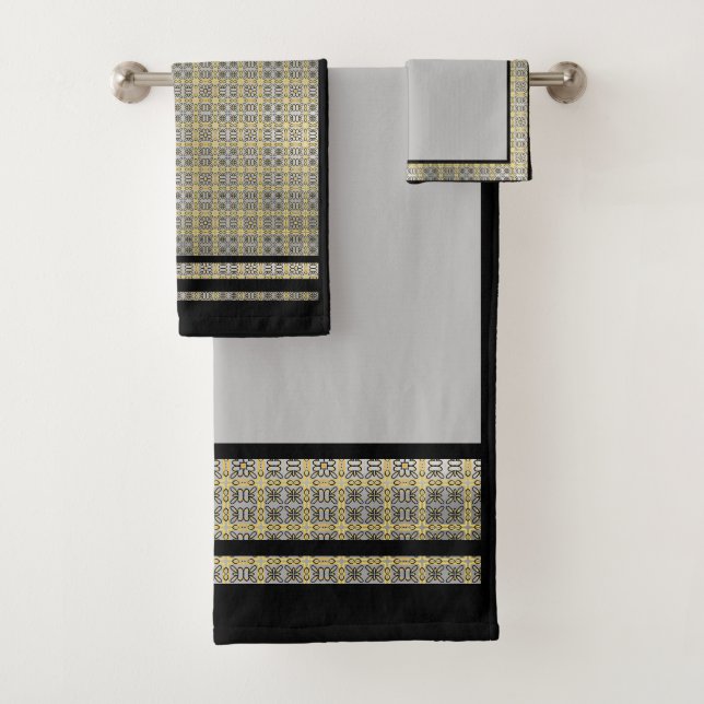 Moody Grey Black Gold Geometric Bath Towel Set (Insitu)