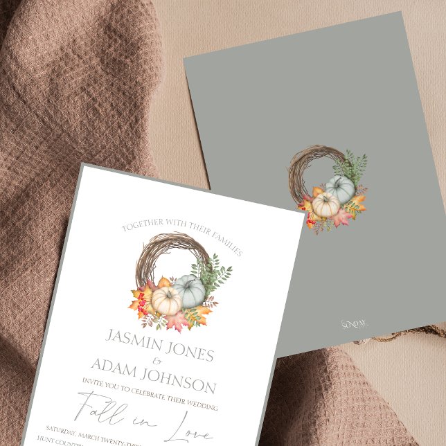 Moody Grey Rustic Autumn Harvest Wedding Invitation (Fall in Love Dusty Blue Autumn Pumpkin Wedding Invitation)