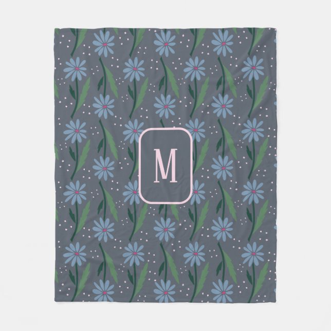 Moody Hand Drawn Retro Blue Daisy Floral Monogram Fleece Blanket (Front)