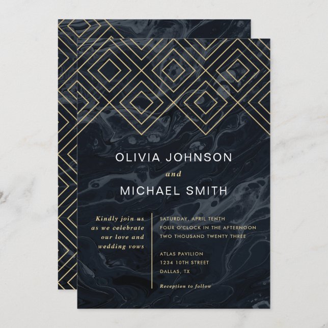 Moody Hues Midnight Blue Marble Wedding Invitation (Front/Back)