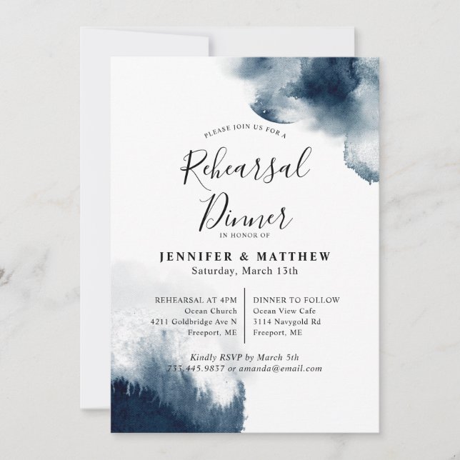Moody Indigo Blue Watercolor Rehearsal Dinner Invitation (Front)