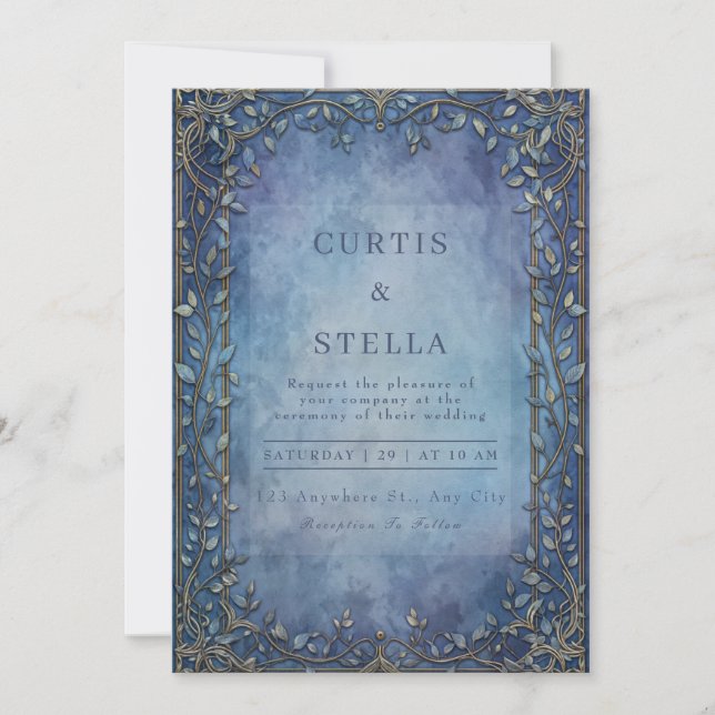 Moody Indigo Filigree Vine Border Wedding Invitation (Front)