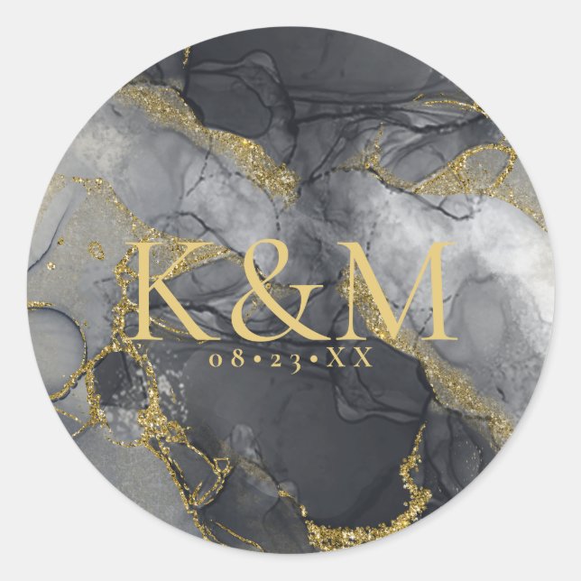 Moody Ink Charcoal Gold Abstract ID988 Classic Round Sticker (Front)