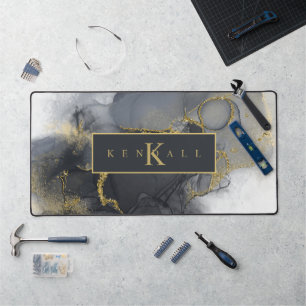 Moody Ink Charcoal Gold Abstract ID988 Desk Mat