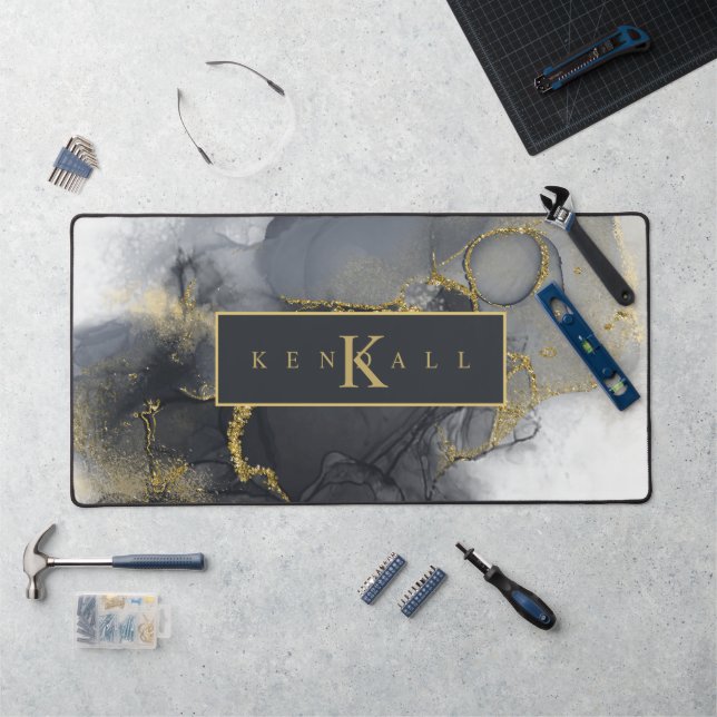 Moody Ink Charcoal Gold Abstract ID988 Desk Mat (Workstation)