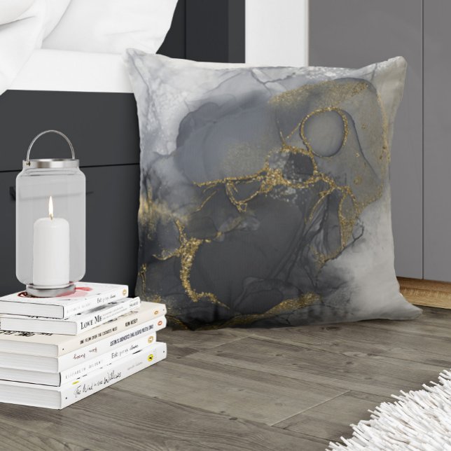 Moody Ink Charcoal Gold Abstract Wht ID988 Cushion (Creator Uploaded)