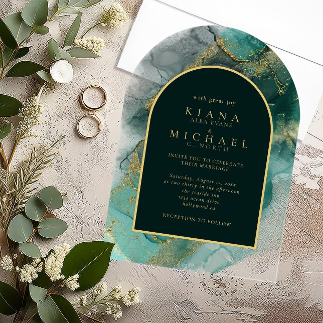 Moody Ink Emerald Gold Abstract Arch ID988 Acrylic Invitations (Creator Uploaded)