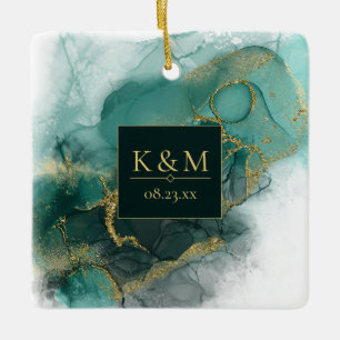 Moody Ink Emerald Gold Abstract Blk ID988 Ceramic Ornament