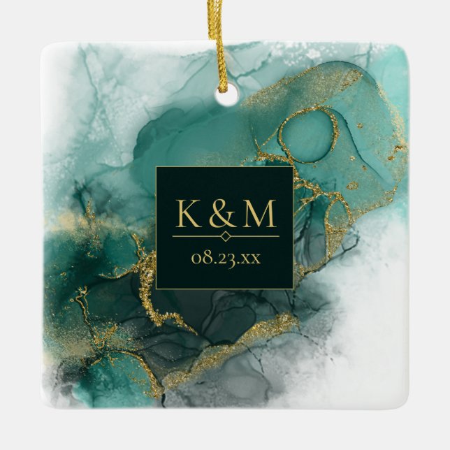 Moody Ink Emerald Gold Abstract Blk ID988 Ceramic Ornament (Front)