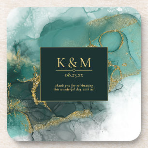 Moody Ink Emerald Gold Abstract ID988 Coaster