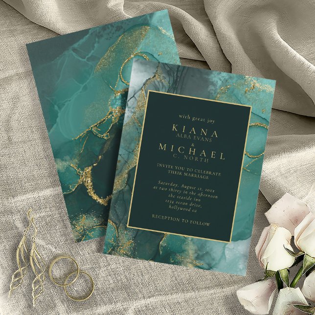 Moody Ink Emerald Gold Abstract ID988 Invitation (Front and back )