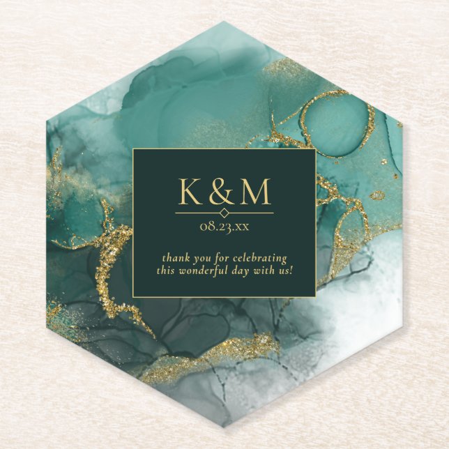 Moody Ink Emerald Gold Abstract ID988 Paper Coaster (Front)