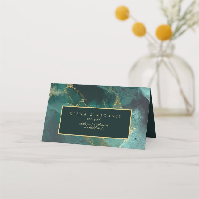 Moody Ink Emerald Gold Abstract ID988 Place Card (Back)