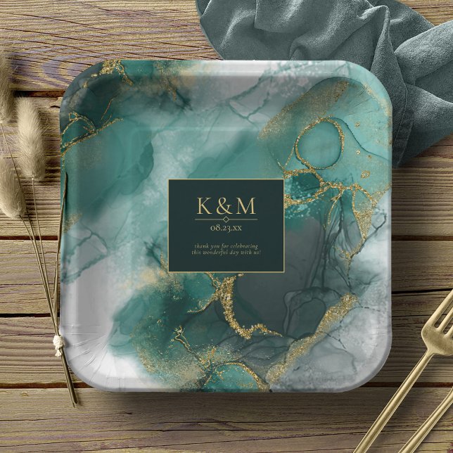 Moody Ink Emerald Gold Abstract Lt ID988 Paper Plate (Creator Uploaded)