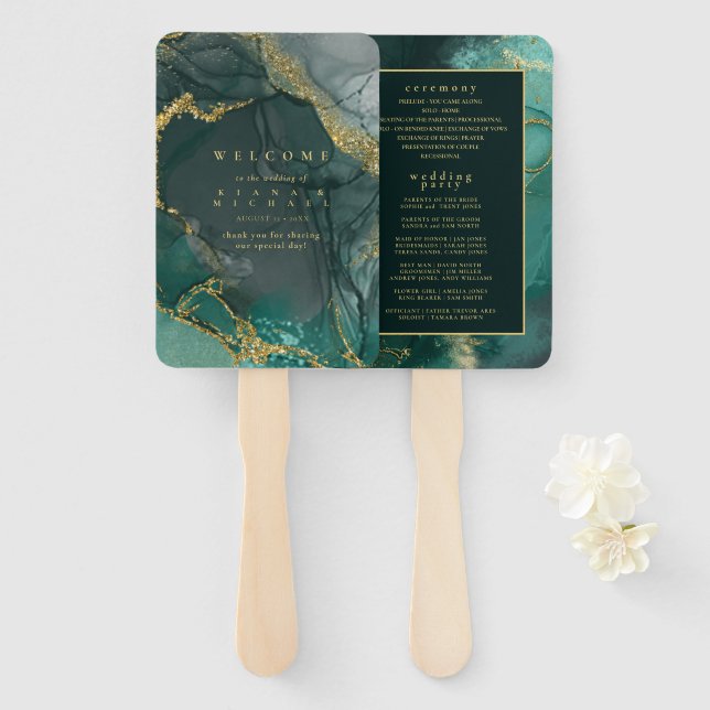 Moody Ink Emerald Gold Abstract Program ID988 Hand Fan (Front and Back)