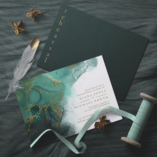 Moody Ink Emerald Gold Abstract Rehearsal ID988 Invitation (Creator Uploaded)
