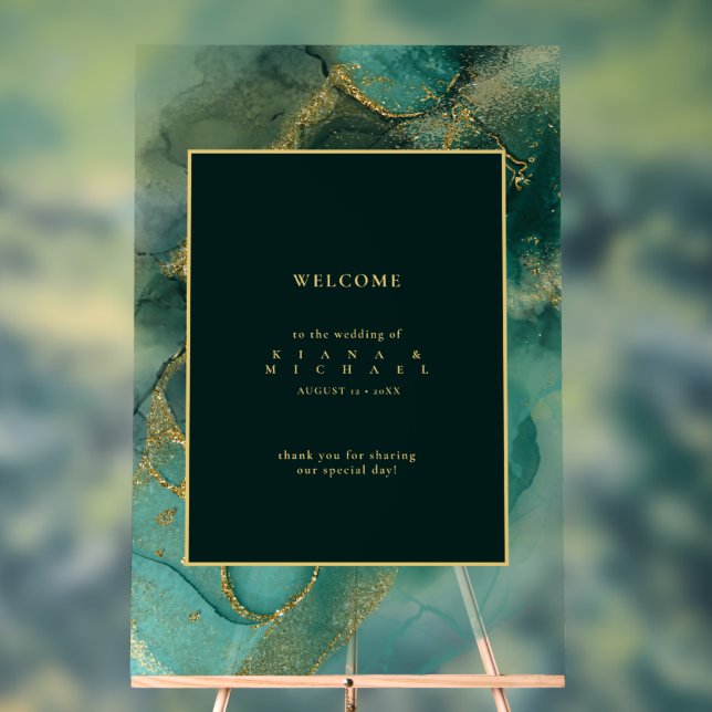 Moody Ink Emerald Gold Abstract Welcome ID988 Acrylic Sign (Neutral)