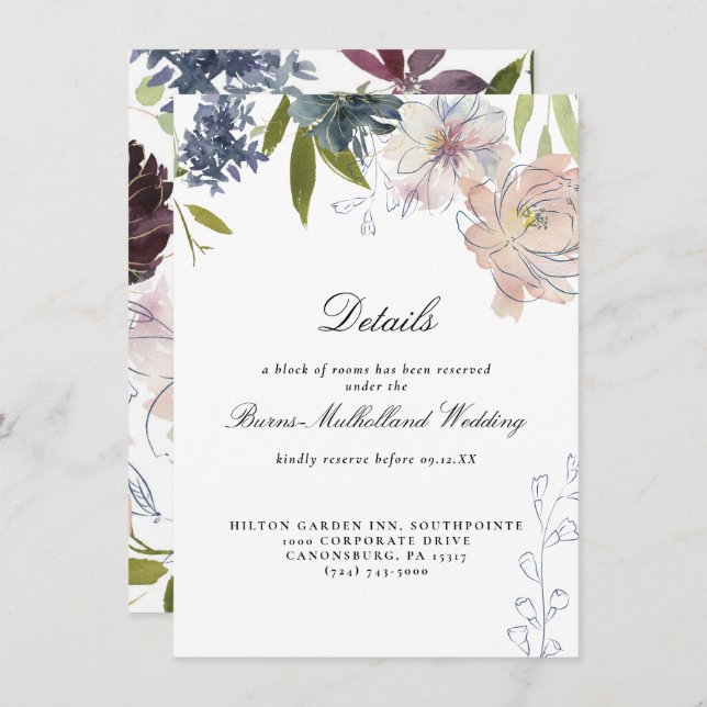 Moody Jewel Tone Floral Wedding Guest Information Invitation (Front/Back)