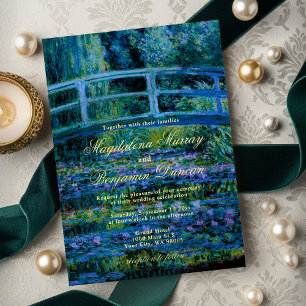 Moody Jewel Tones Monet Lily Pond Fine Art Wedding Invitation
