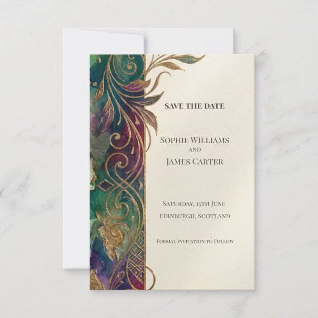 Moody Jewel Watercolour Floral Save The Date Card (Front)