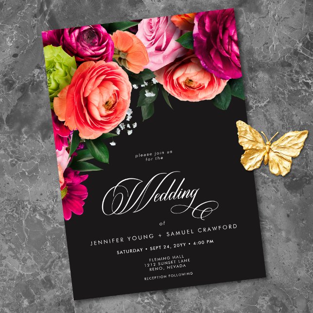 Moody Luxe Floral Vibrant Pink Black Wedding Invitation (Moody Luxe Floral Vibrant Pink Black Wedding Invitation)