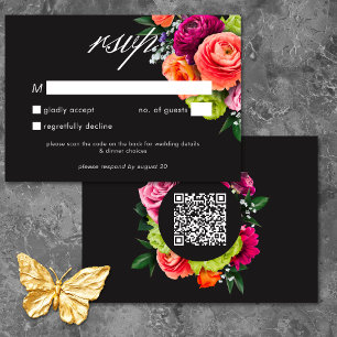Moody Luxe Floral Vibrant Pink Black Wedding QR RSVP Card