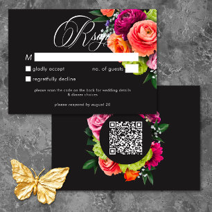 Moody Luxe Floral Vibrant Pink Black Wedding QR RSVP Card