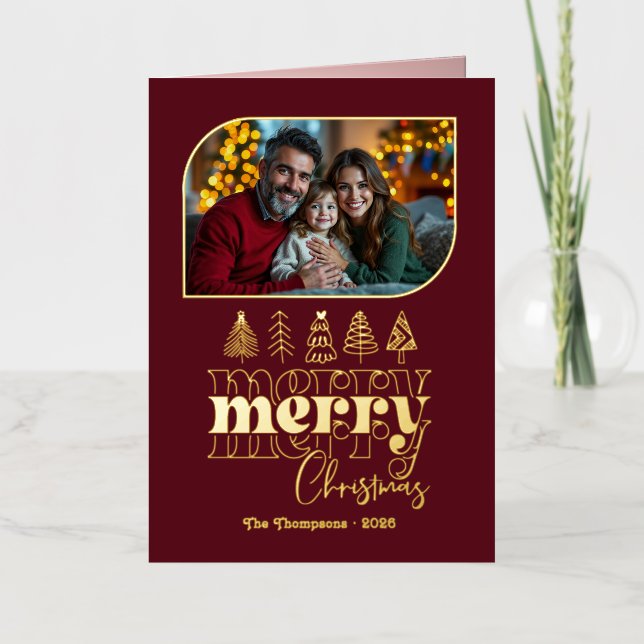 Moody Luxe Hand Drawn Merry Christmas Photo Foil Holiday Card (Front)