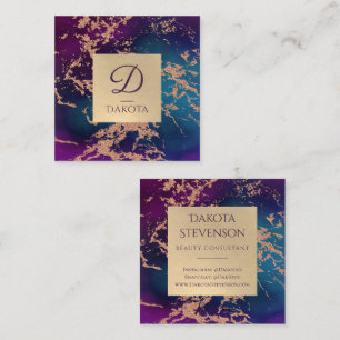 Moody Luxe Marble Deep Purple and Teal Monogram Square Business Card