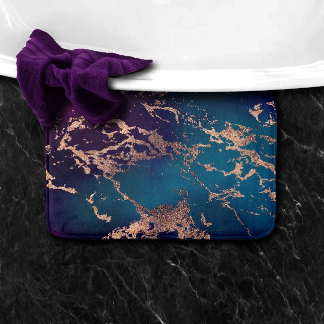 Moody Luxe Marble | Deep Purple and Teal Rose Gold Bath Mat (Creator Uploaded)