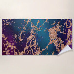 Moody Luxe Marble   Deep Purple and Teal Rose Gold Beach Towel