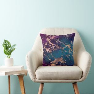 Moody Luxe Marble   Deep Purple and Teal Rose Gold Cushion