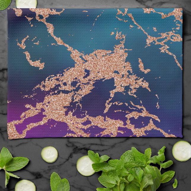 Moody Luxe Marble | Deep Purple and Teal Rose Gold Tea Towel (Creator Uploaded)
