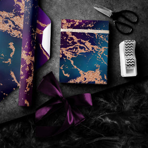 Moody Luxe Marble   Deep Purple and Teal Rose Gold Wrapping Paper