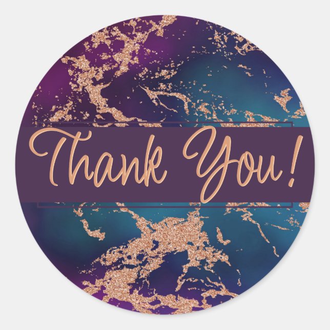 Moody Luxe Marble | Deep Purple and Teal Thank You Classic Round Sticker (Front)