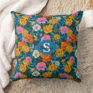 Moody Magenta Yellow Floral Dark Teal Cushion