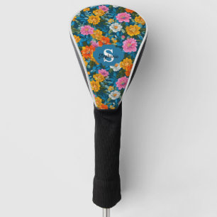 Moody Magenta Yellow Floral Dark Teal Golf Head Cover