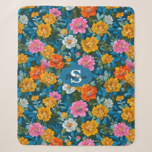 Moody Magenta Yellow Floral Dark Teal Sherpa Blanket