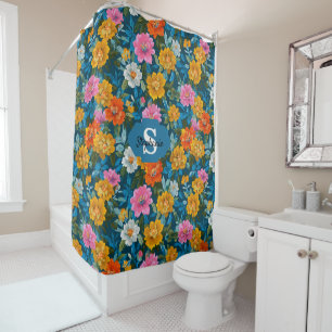 Moody Magenta Yellow Floral Dark Teal Shower Curtain