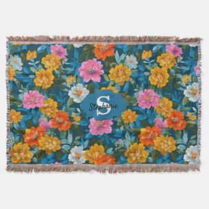 Moody Magenta Yellow Floral Dark Teal Throw Blanket