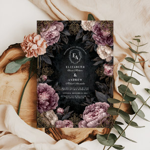 Moody Mauve Peony & Black Gothic Wedding Invitation