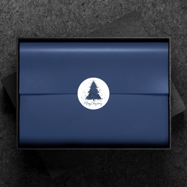 Moody Merry Christmas | Classy Dark Navy Blue Tree Classic Round Sticker (Creator Uploaded)