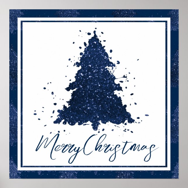 Moody Merry Christmas | Classy Dark Navy Blue Tree Poster (Front)