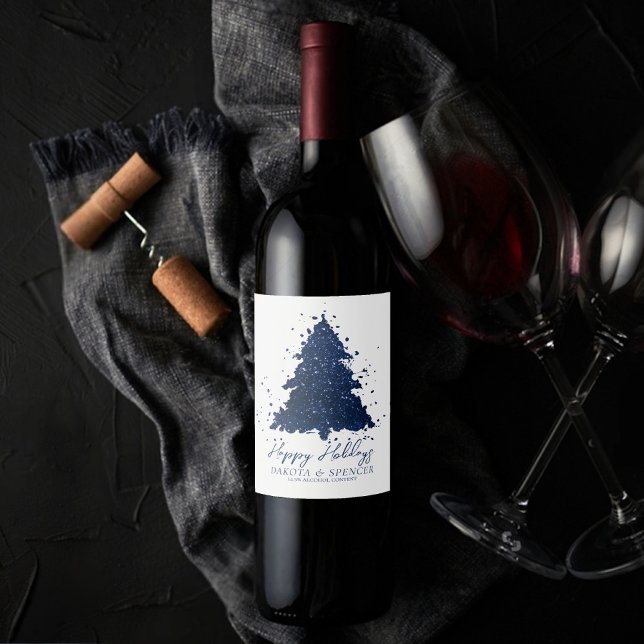 Moody Merry Christmas | Classy Dark Navy Blue Tree Wine Label (Creator Uploaded)