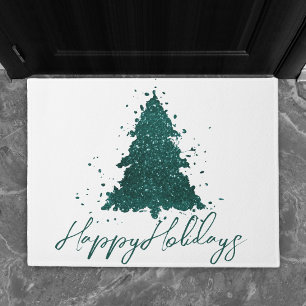 Moody Merry Christmas Dark Midnight Teal Tree Doormat