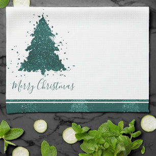Moody Merry Christmas Dark Midnight Teal Tree Tea Towel