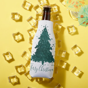 Moody Merry Christmas Deep Midnight Teal Tree Bottle Cooler