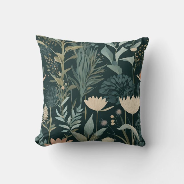 Moody Midnight Botanical Garden Floral Pattern Cushion (Front)
